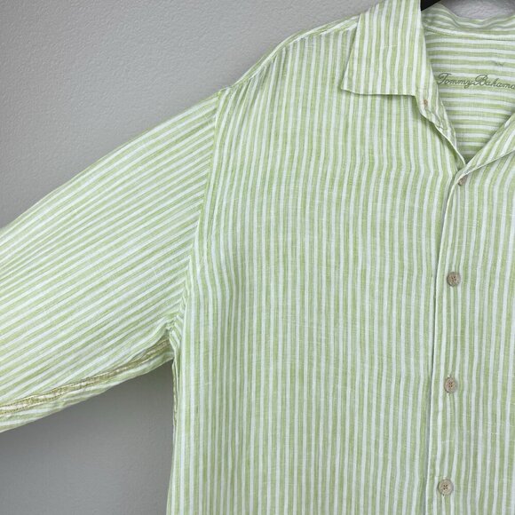 Tommy Bahama Men's Large 100% Linen Button Down Collared Shirt Green White Strip - Picture 9 of 16